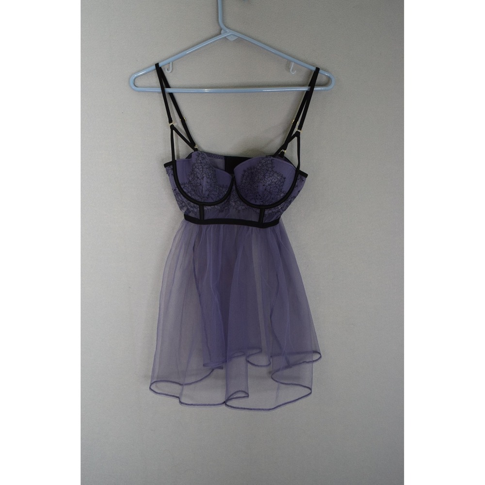 Victoria's Secret Babydoll 34B Purple Black Lace Mesh Underwire Lingerie Caged